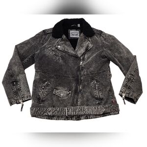 Levis Acid Wash Blk Cotton Sherpa Moto Trucker Denim Jean Ex-Boyfriend Jacket L